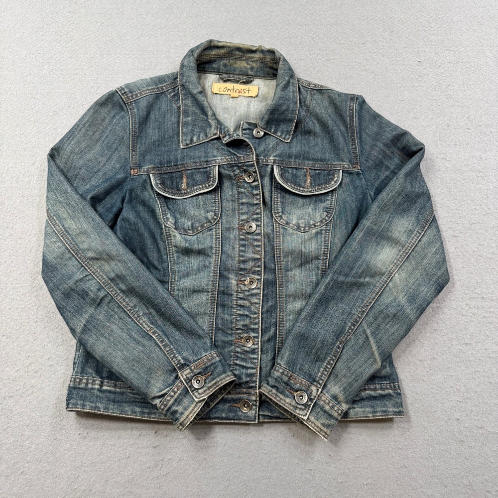 Contrast Trucker Jacket Women's 11 Blue Denim Medium Wash Classic Fit Workwear.